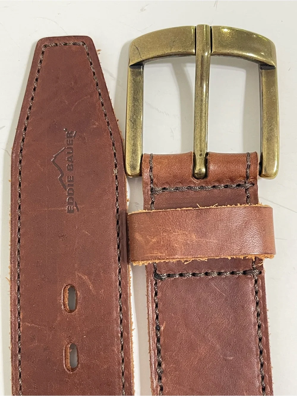 Vintage Eddie Bauer Khaki Canvas Belt Brown Leather Trim Preppy Neutral Men 40